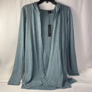Tahari Strickjacke Damen klein hellblau 100% Leinen vorne offen Kapuze Langarm - Bild 1 von 11