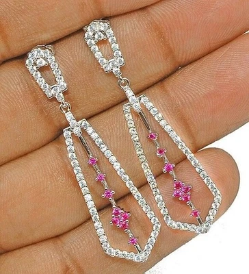 1CT Treated Ruby & White Topaz 925 Solid Sterling Silver Earrings Jewelry Y1-2 - Image 1 of 2