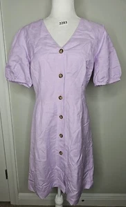 NWT Loft Dress Women's Sz 6 Linen Blend Purple Lilac Puff Sleeve Button V-Neck - Picture 1 of 13