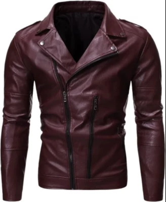 Mens Maroon biker leather jacket Jacket, maroon leather jacket for men - Image 1 of 4