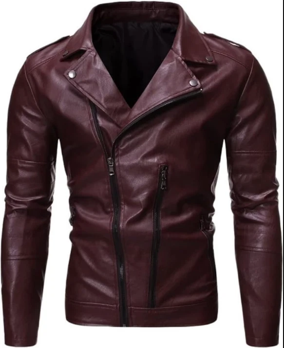 Chaqueta de cuero de motociclista granate para hombre, chaqueta de cuero granate para hombre Foto 1 de 4
