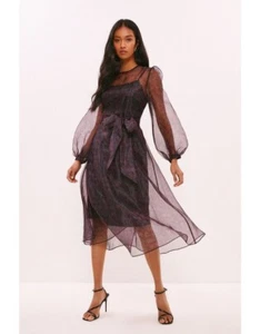 COAST PINK BLACK FLORAL ORGANZA PUFF SLEEVE 50'S MIDI WRAP DRESS 12 BNWT £169 - Picture 1 of 21
