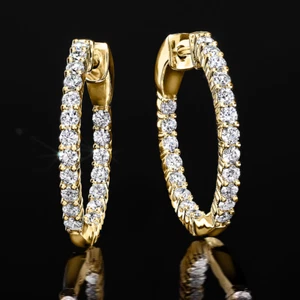 Women Hoop Earring 18k Yellow Gold Lab Grown 1.00 Ct Round  0.75 inches Diamond - Picture 1 of 10