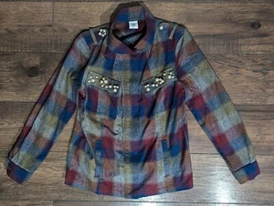 CAbi Jacke Damen M blau rot kariert Collage Flanell Full Zip Perlen Shacket 3555 - Bild 1 von 18