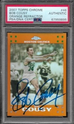 Tarjeta refractora cromada naranja Topps firmada por Bob Cousy automática 2007-08 #004/199 - PSA Foto 1 de 2