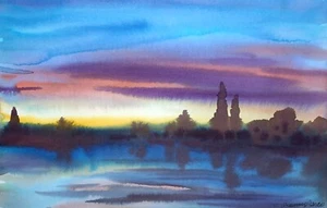 Watercolor Painting Sunset On The River S. Gramm Unframed Original Art nAAA3371 - Picture 1 of 14