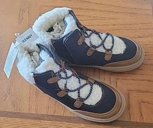 NWT Boys Size 10 Old Navy Blue Canvas/Brown Faux Leather/Sherpa Boots - Picture 1 of 8