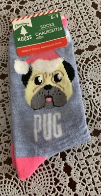 Casa de Navidad Pug Perro Copos de Nieve Damas Crew Calcetines Nuevos Azul Rosa Suave Foto 1 de 4
