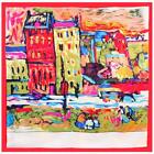 SCARF 35" x 35" Square Red Border Vintage Painting Bright CITY SCENE BUILDINGS