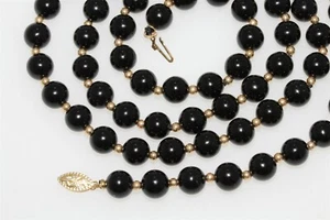 Collar de hebra de cuentas de oro amarillo de 14 K alta moda de 8,3 mm de ónix negro y oro de 3 mm - Imagen 1 de 11
