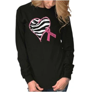 Zebra Print Heart Breast Cancer Awareness Long Sleeve T Shirt Tees For Women - Picture 1 of 8