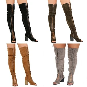 Mujeres Botas Sobre la Rodilla Damas Cordones Cremallera Muslo Alto Bloque Tacones Altos Zapatos - Imagen 1 de 23