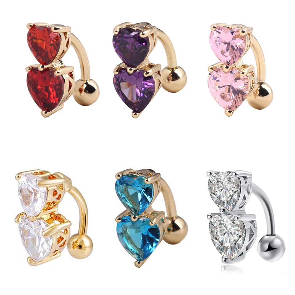 Barra De Ombligo De Acero Quirúrgico Baño De Oro Con Corazón Y Gemas CZ - Imagen 1 de 1