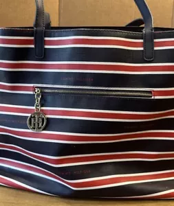 Tommy Hilfiger Large Red White Blue Striped Purse Double Handles hb14 - Picture 1 of 9