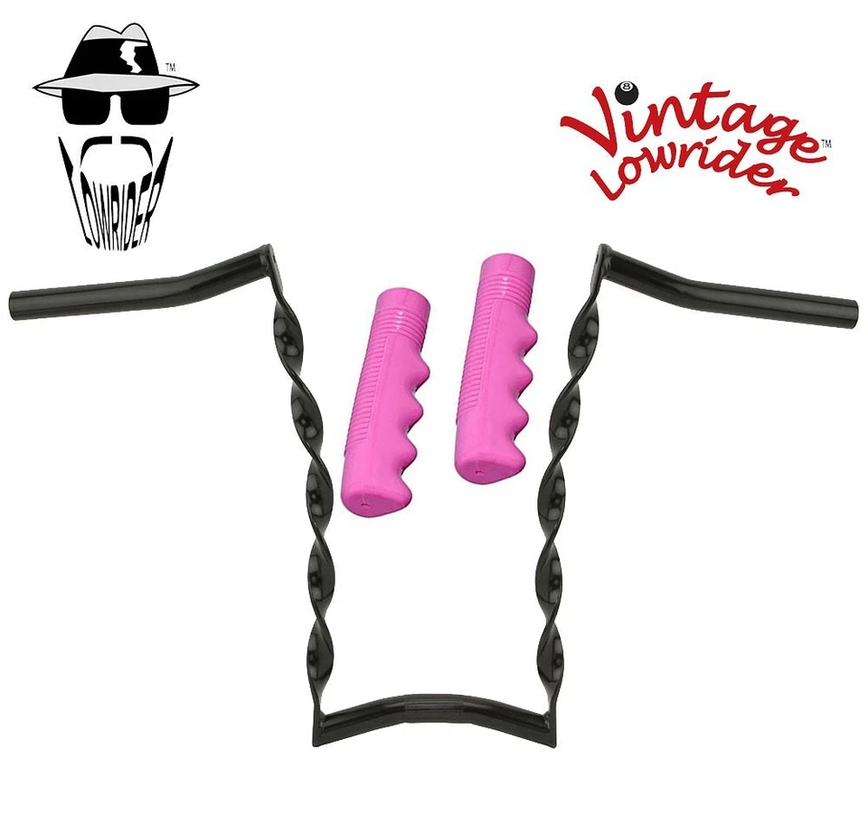 Manillar Lowrider CURVO de colección trenzado plano 15" 25,4 mm negro y empuñaduras rosa. Foto 1 de 1