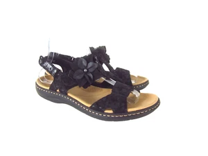 New Clarks Laurieann Bea Women 8.5 M Black Leather Floral Ankle Strap Sandals - Picture 1 of 15
