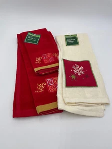 3 Holiday Time Christmas Towels Kitchen Hand Fingertip Red Cream Holiday - Picture 1 of 3