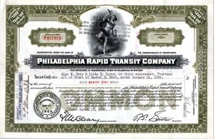 Certificado de acciones Philadelphia Rapid Transit Company RR - 65 acciones comunes 1938 - Imagen 1 de 2
