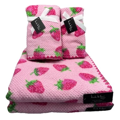 6pc Nicole Miller Pink Strawberry Bath Hand Fingertip Towel Set Textured Summer - Image 1 of 4