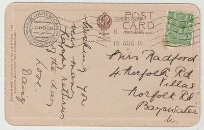 1914 SHEPHERDS BUSH PMK & ANGLO-AMERICAN EXPOSITION LONDON CACHET PPC BANDSTAND - Image 1 of 2