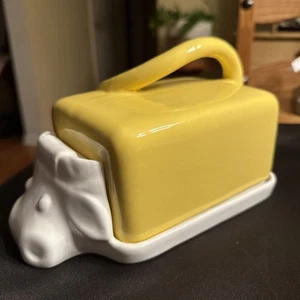 Vintage Keramik Butter Käse Schale mit Deckel gelb & weiß SELTEN KUH 8 "x 5" bezaubernd! - Bild 1 von 9