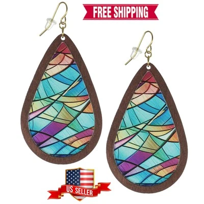 Pendientes coloridos efecto vitral acrílico lágrima alambres oro 18K Foto 1 de 4