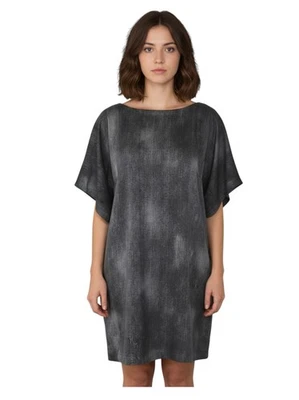 A8 NEW EILEEN FISHER Silk & Cotton Blk & White Hazy Print Mini Shift Dress Sz M - Image 1 of 4