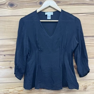 Doncaster Silk Shirt 8 Black Sheer V-Neck Pleat Vintage Gathered Blouse Top B136 - Picture 1 of 12