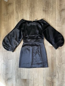 h:ours Black Satin Puff Sleeve Mini Dress Size S Balloon Sleeve Party Cocktail - Picture 1 of 5