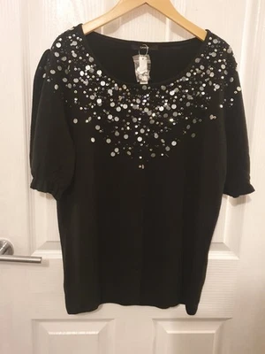 Asda Women Black Short Sleeve Jumper Sequins & Beads Size 20 Brand New With Tags - Image 1 of 4