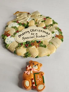 Lote de imanes de refrigerador de Navidad vintage Joy Bear & Seashell Wreath Sister - Imagen 1 de 12