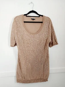 JAEGER - Size L - Beige Short Sleeve Sequin Scoop Neck Top 100% Viscose - Picture 1 of 12