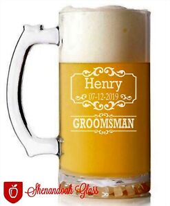 Qty. 6-  Engraved  Beer Mug Glass Groomsmen Wedding Party 26oz