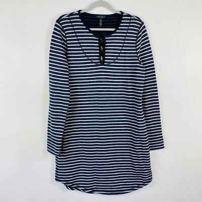 Ralph Lauren Jeans Co. Size Large Striped Long Sleeve Knit Dress Navy Blue Gray - Image 1 of 4