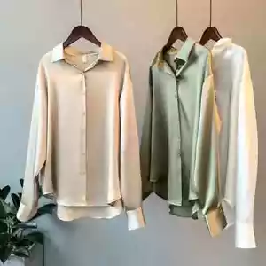 Ladies Casual Satin Silk Solid Shirt Baggy Button-up OL Work Blouse Womens Tops - Picture 1 of 10