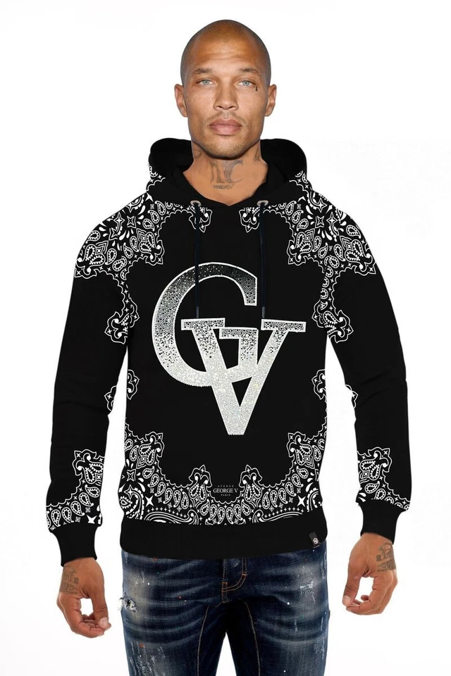 GEORGE V PARIS  HOODIE BLACK WITH WHITE  RHINESTONES FRONT AND BACK - Image 1 of 3