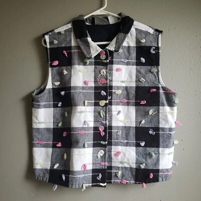 Винтажный жилет 90-х Y2k L Blair Artsy цветной с вышивкой в клетку в клетку - Изображение 1 из 4