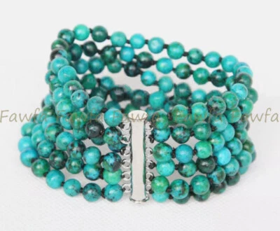 Brazalete de 6 filas de cuentas redondas de piedras preciosas de azurita verde natural de 6 mm 7,5" Foto 1 de 3