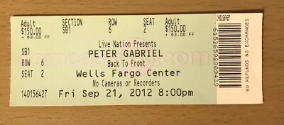 2012 PETER GABRIEL BACK TO FRONT TOUR PHILADELPHIA CONCERT TICKET STUB BIG TIME - Image 1 of 2