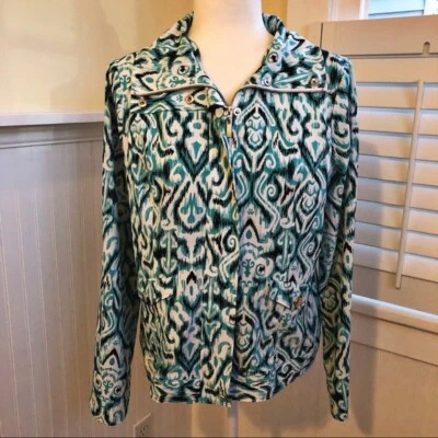 Laura Ashley Turquoise Blue Ikat Print Full-Zip Jacket Women's Medium Petite - Image 1 of 4