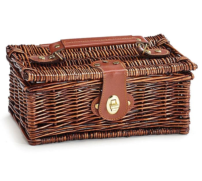 Decorative dark brown willow & leather storage basket with lid - Image 1 of 2