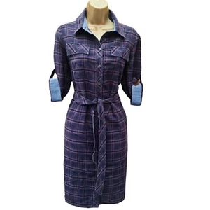 UK 10 Karen Millen Cotton  Denim Navy Check Casual Military Utility Shirt Dress - Picture 1 of 8