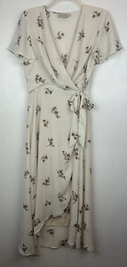 Milkmaid Dress M Floral Maxi Wrap Ivory Floral Flutter Sleeve Coquette Feminine - Picture 1 of 16