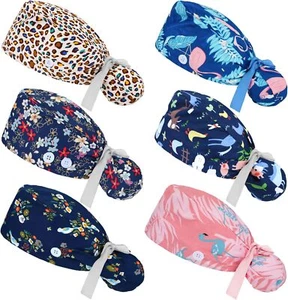 6 Pcs Scrub Caps Women Nursing Hats with Buttons Adjustable Ponytail Holder - Picture 1 of 6
