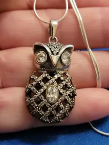 VINTAGE STERLING SILVER & CUBIC ZIRCONIA OWL PENDANT NECKLACE - Picture 1 of 4