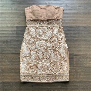 SUE WONG Strapless Dress Womens Sz 2 Cream Tan Soutache Beaded Cocktail Wedding - Picture 1 of 8