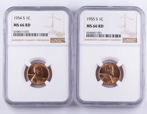 Certified 1954-S 1955-S Lincoln Cent NGC MS66 Red Wheat Pennies Lot of 2 1c  - Picture 1 of 5