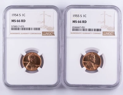 Certified 1954-S 1955-S Lincoln Cent NGC MS66 Red Wheat Pennies Lot of 2 1c  - Image 1 of 4