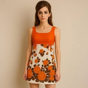Vintage Eves Mod Blumen Kleid XXS Orange Rosen Print Empire Taille Etuikleid 60er 70er - Bild 1 von 10