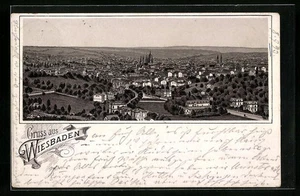 Vorläufer-Lithographie Wiesbaden, Totalansicht aus der Vogelschau 1893 1893  - Picture 1 of 2